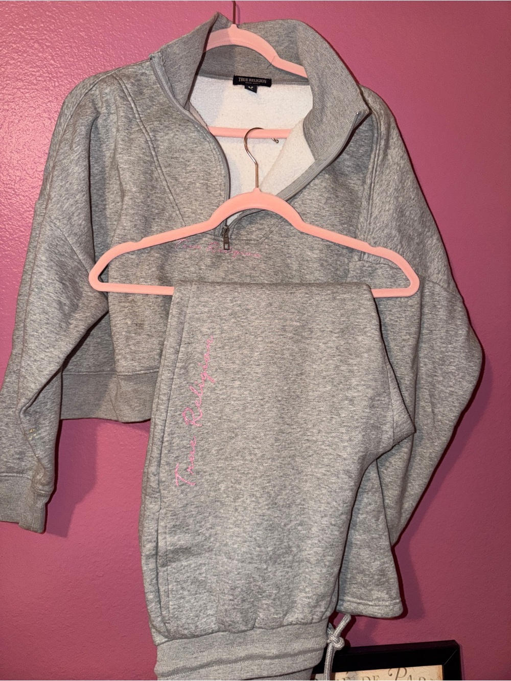 True Religion Girls Gray Sweatshirt and Joggers Set with Pink Script